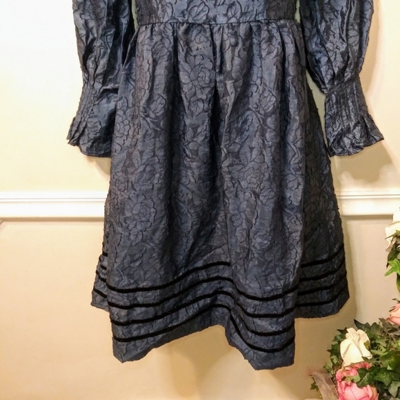 Muse Couture Navy Gothic Style, Rose Patterned Organza Brocade & Velvet Dress - Picture 3 of 13